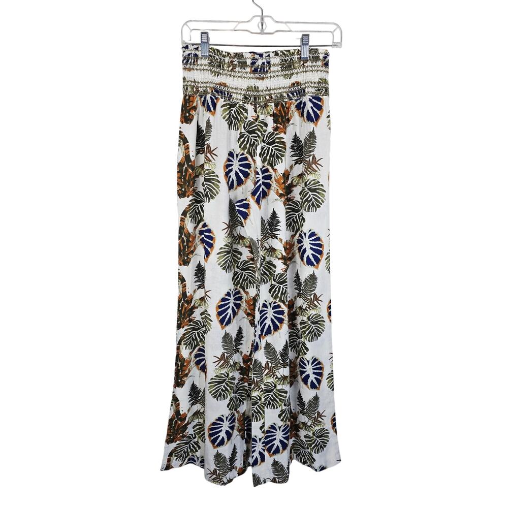 DAHUI Hawaii Smocked Waist Wide Leg Linen Hawaiian Leaf Print Pants L NWT